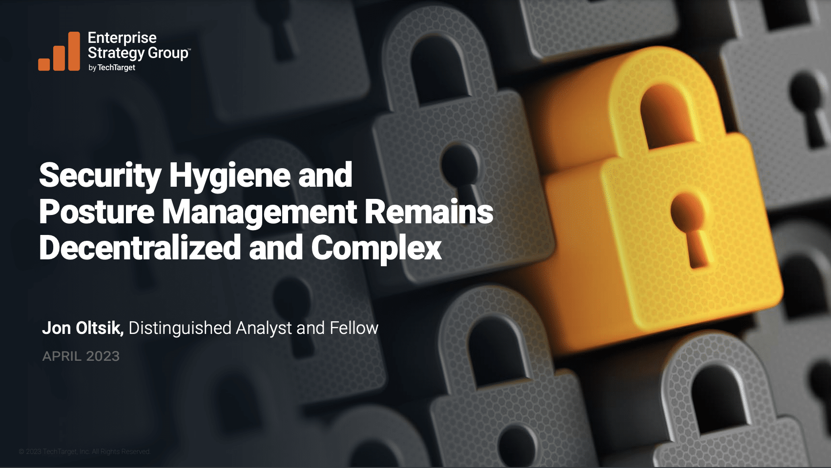 Cover of ESG Security Hygiene and Posture Management Report, April 2023. "Security Hygiene and Posture Management Remains Decentralized and Complex"