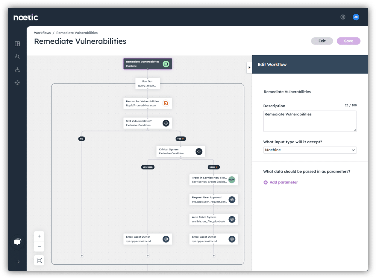 Sample of a highly sophisticated automated workflow within the Noetic Cyber platform demonstrating the potential to automate vulnerability remediation.