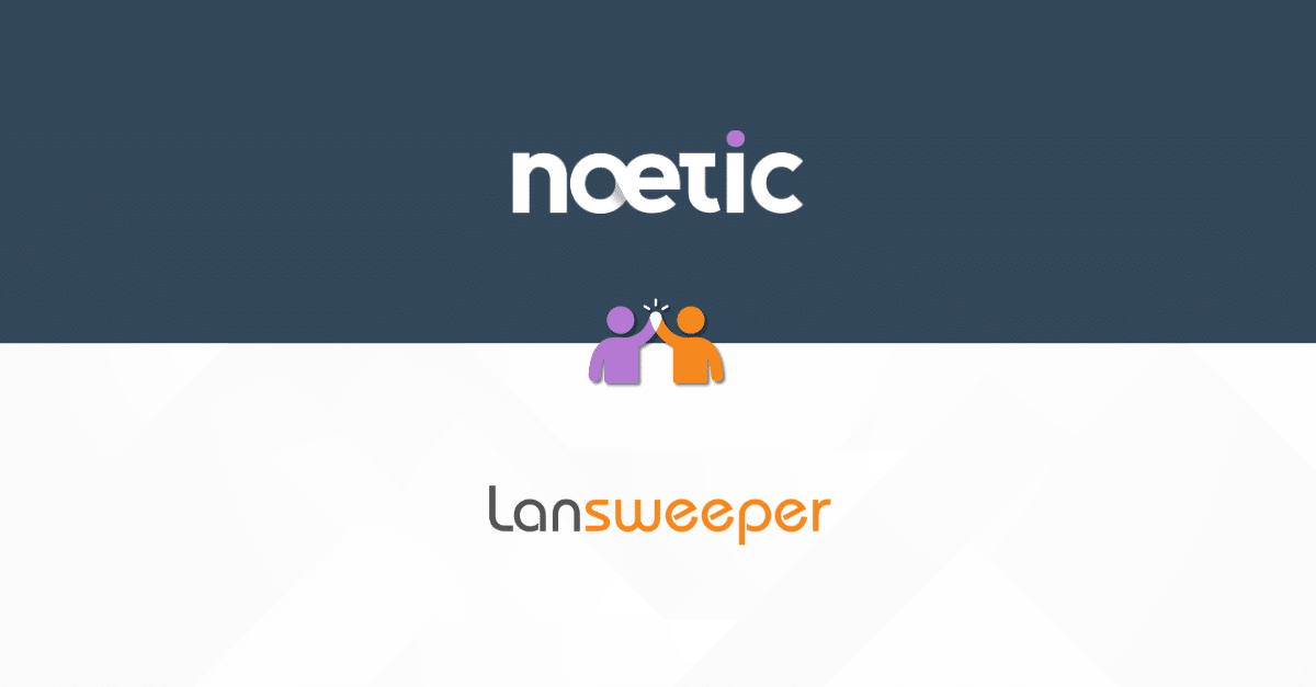 Noetic Cyber™ logo with Lansweeper logo with two figures high-fiving